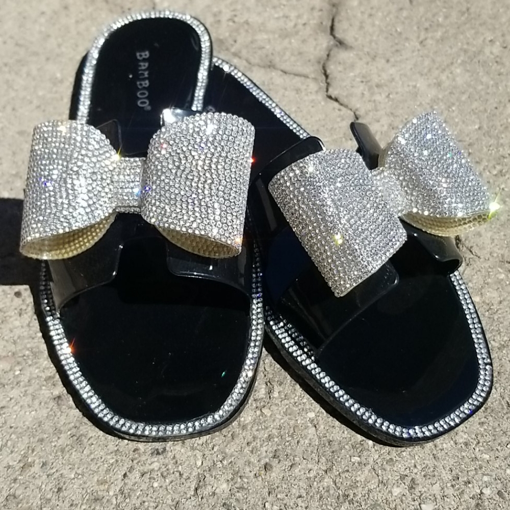 Black Jelly White Crystal Rhinestone Bow Sandals